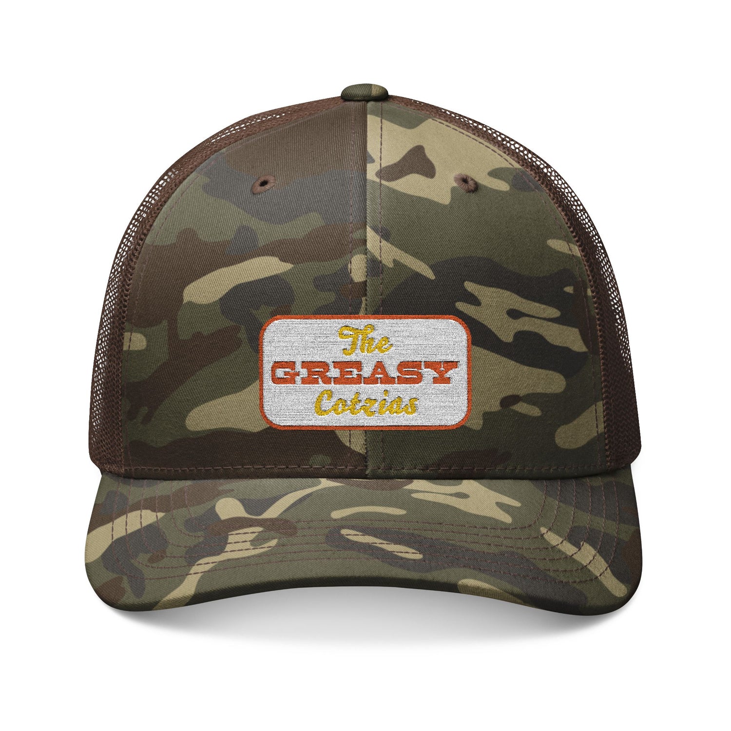 The Greasy Cotzias Camo Trucker Hat  |  Red / Yellow Logo