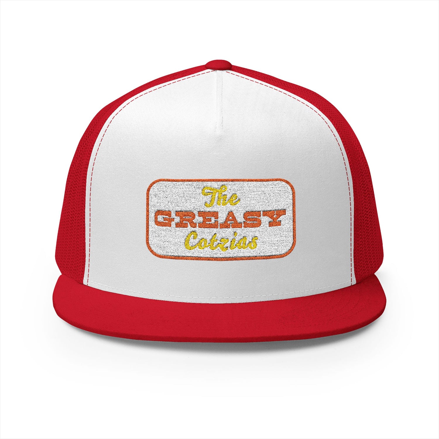 The Greasy Cotzias Trucker Hat  |  Red / Orange Logo