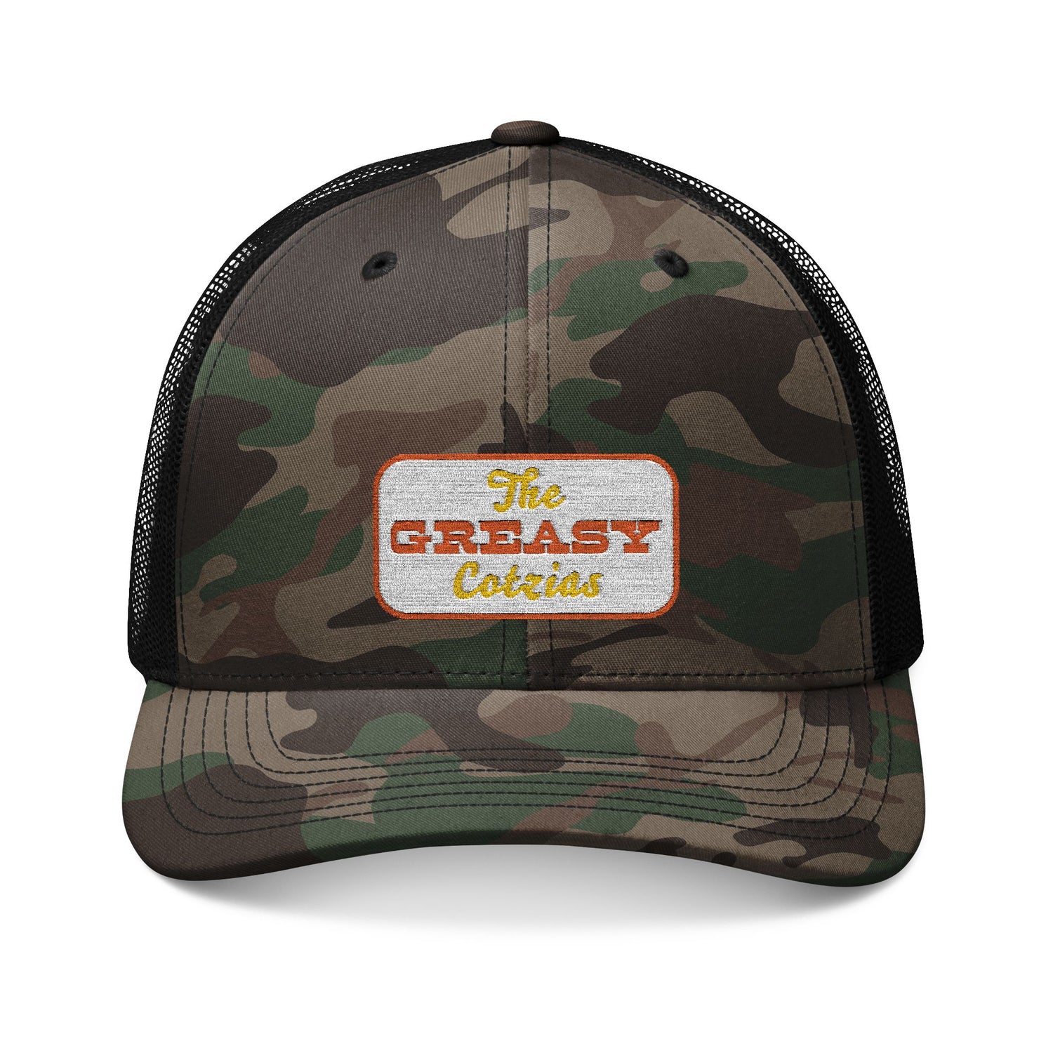 The Greasy Cotzias Camo Trucker Hat  |  Red / Yellow Logo